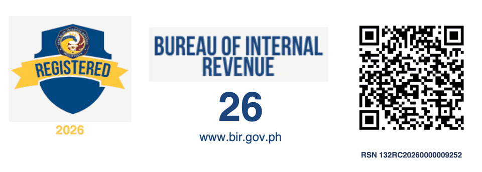 Registered with the Bureau of Internal Revenue, 2026. RSN 132RC20260000009252. Opens the BIR verification page.